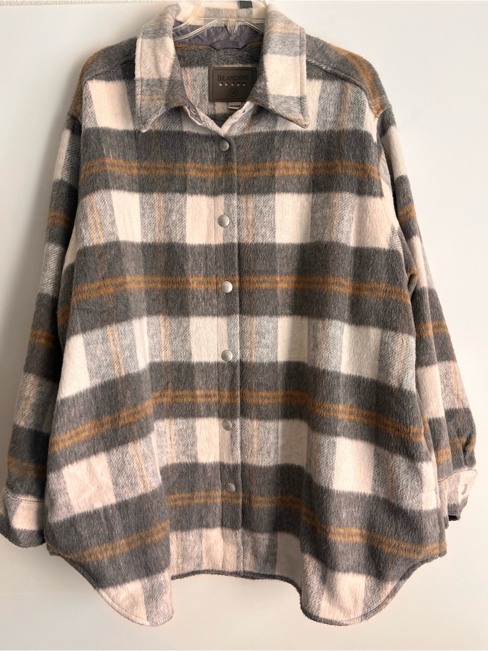 BlankNYC Oversized Plaid Shacket Gray Cream Snap Buttons Womens 1X Lined